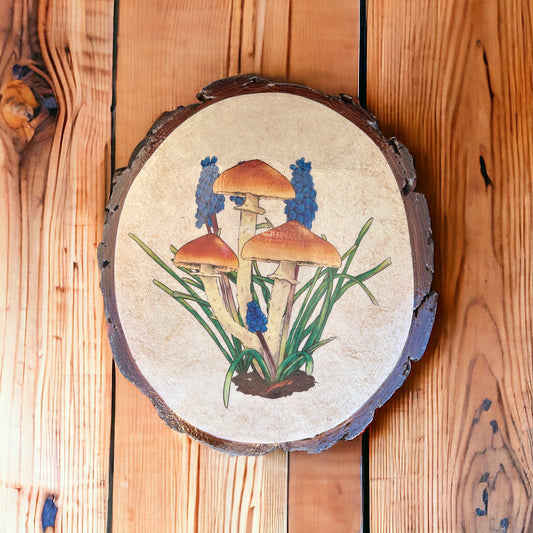 Brown Mushroom with Blue Flowers